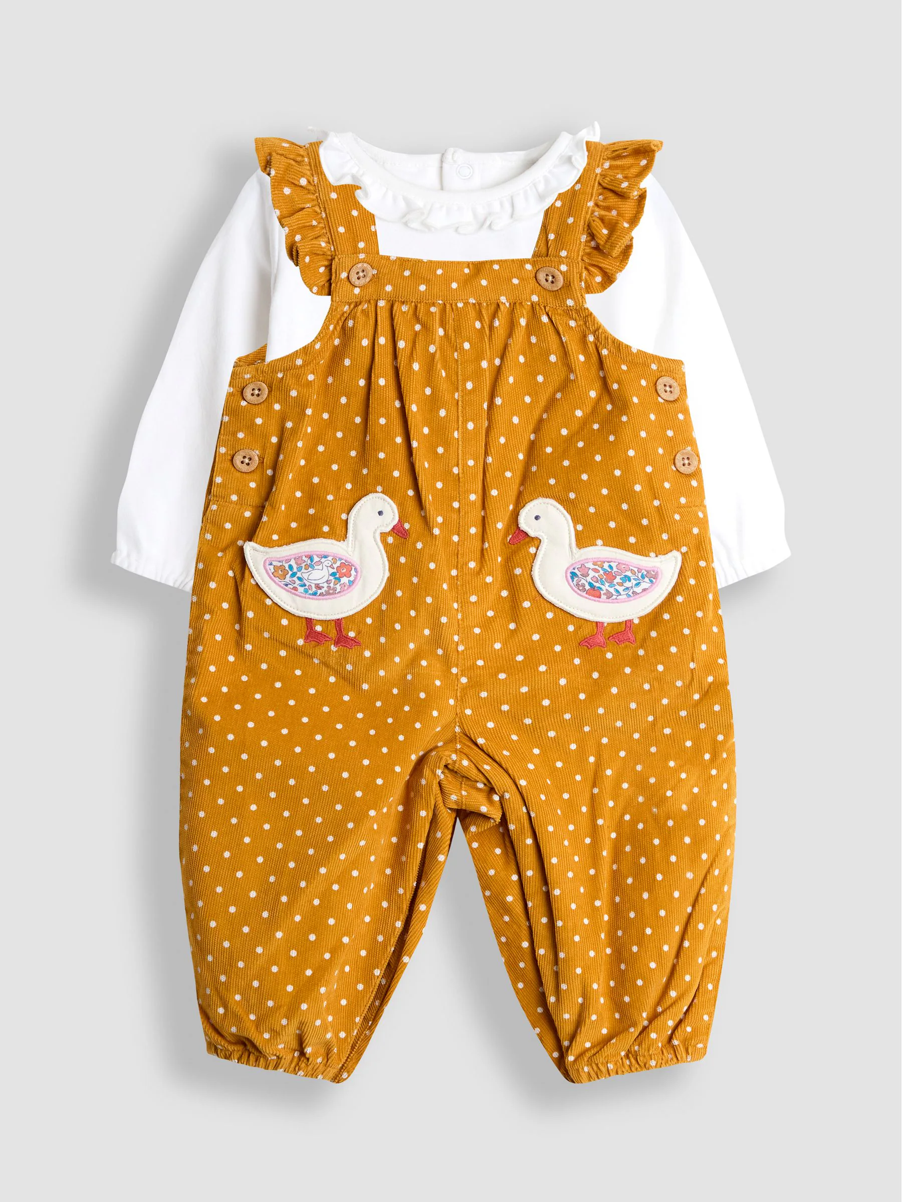 Mosterdgeel eend - JoJo Maman Bébé - Set van corduroy tuinbroek met applicatie en top