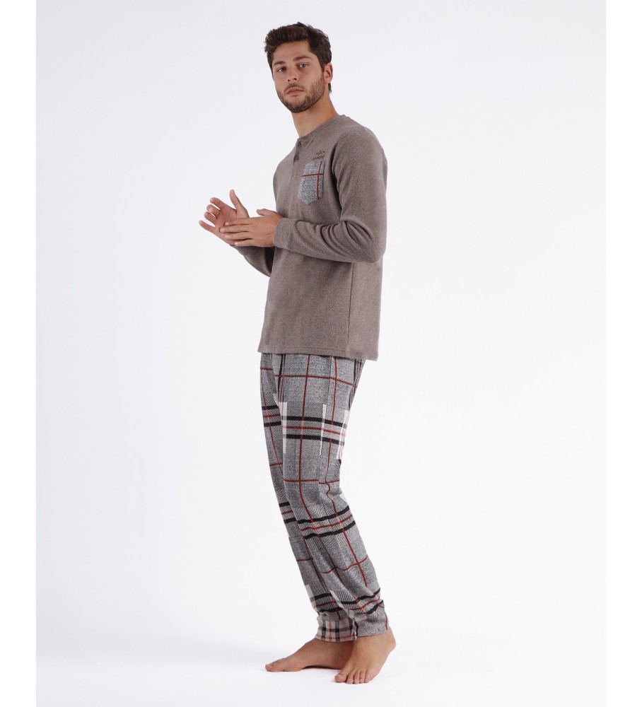 Pijama de manga comprida com gola xadrez marrom Admas