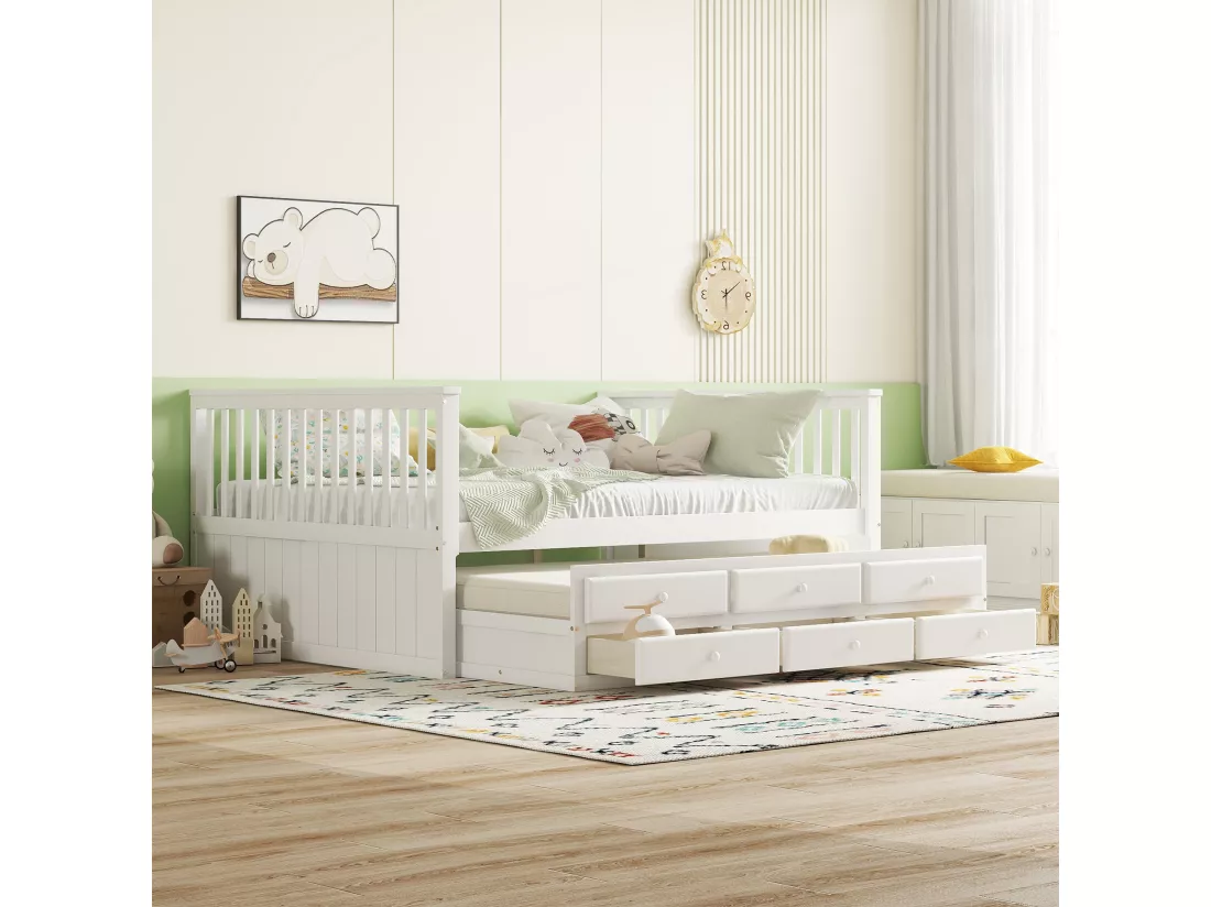 Lit gigogne 140 x 200 cm + 90 x 190 cm avec 3 tiroirs - bois de pin + MDF - blanc