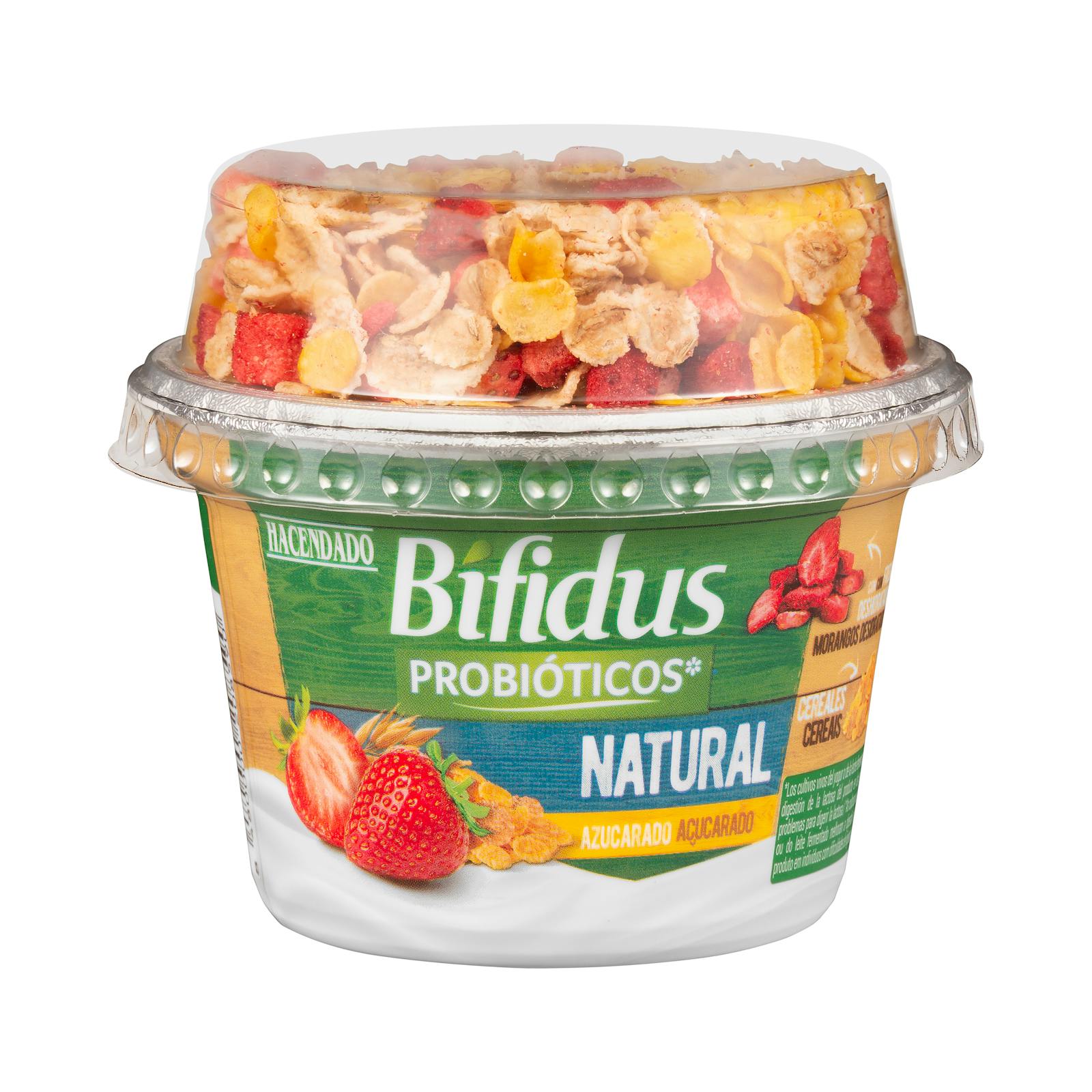 Bifidus sucré probiotique naturel Hacendado avec céréales et fraises déshydratées