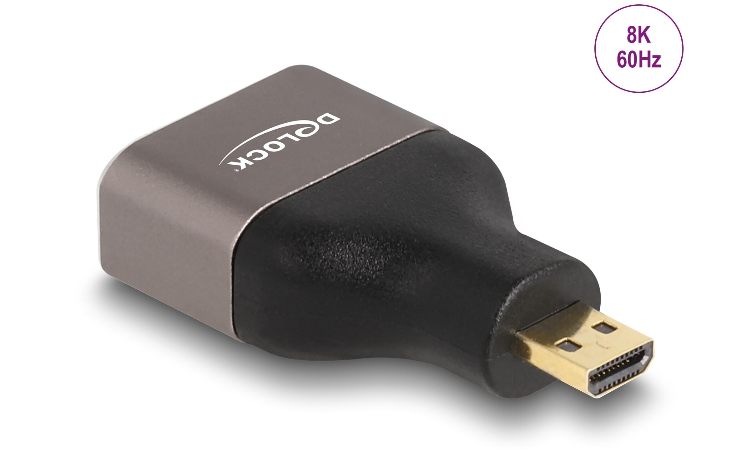 Adapter 8K 60 Hz HDMI - Micro-HDMI (HDMI-D)Delock HDMI Adapter Micro-D Stecker zu A Buchse 8K 60 Hz grau Metall