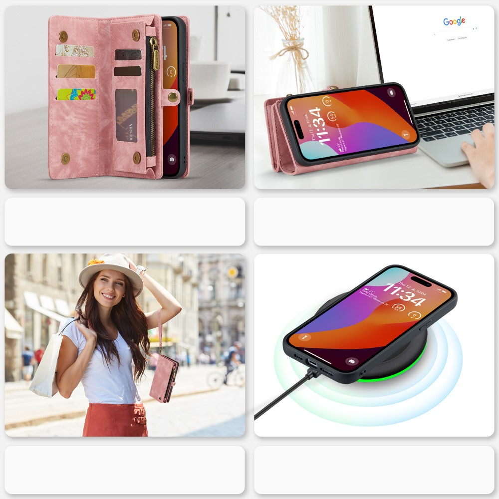 iPhone 16 Pro 2in1 Leder Tasche   Magnet Hardcase Karten Etui - Rosa