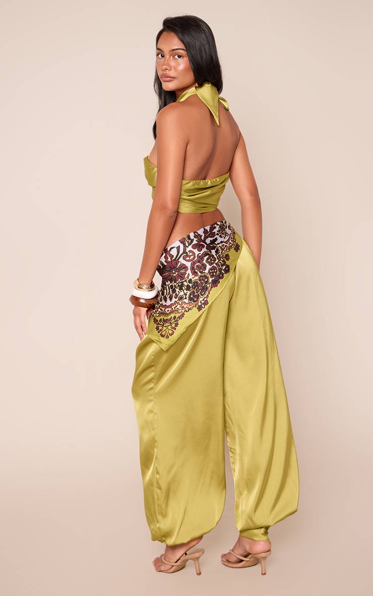 Vert Olive Pantalon En Satin À Jambes Ballon Avec Détail Foulard Noué