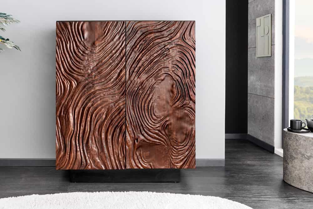 Massives Highboard FLUID 110cm walnuss-braun Akazienholz aufwendiges 3D-Design