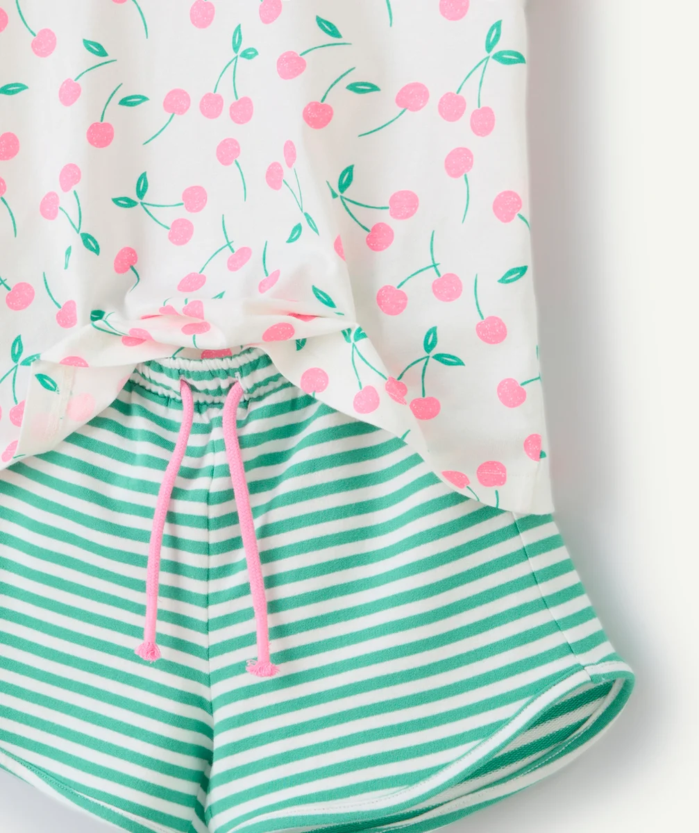 pyjama fille en coton bio imprimé rayé et cerise rose et vert