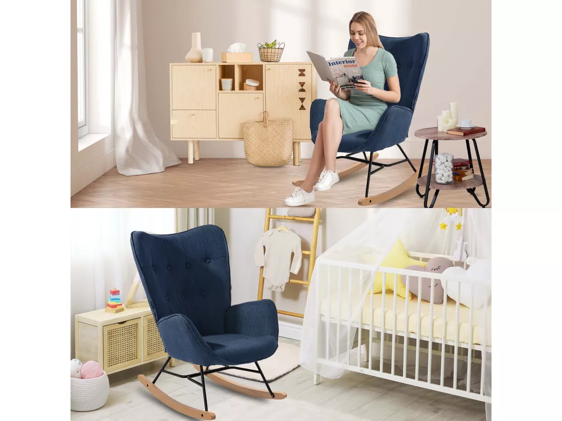 MEUBLES COSY Fauteuil à Bascule Allaitement Rocking Chair Scandinave Chaise Loisir Revêtement en Tissu avec Pieds en Bois Massif pour Salon, Chambre, Le balcon, Bleu Foncé