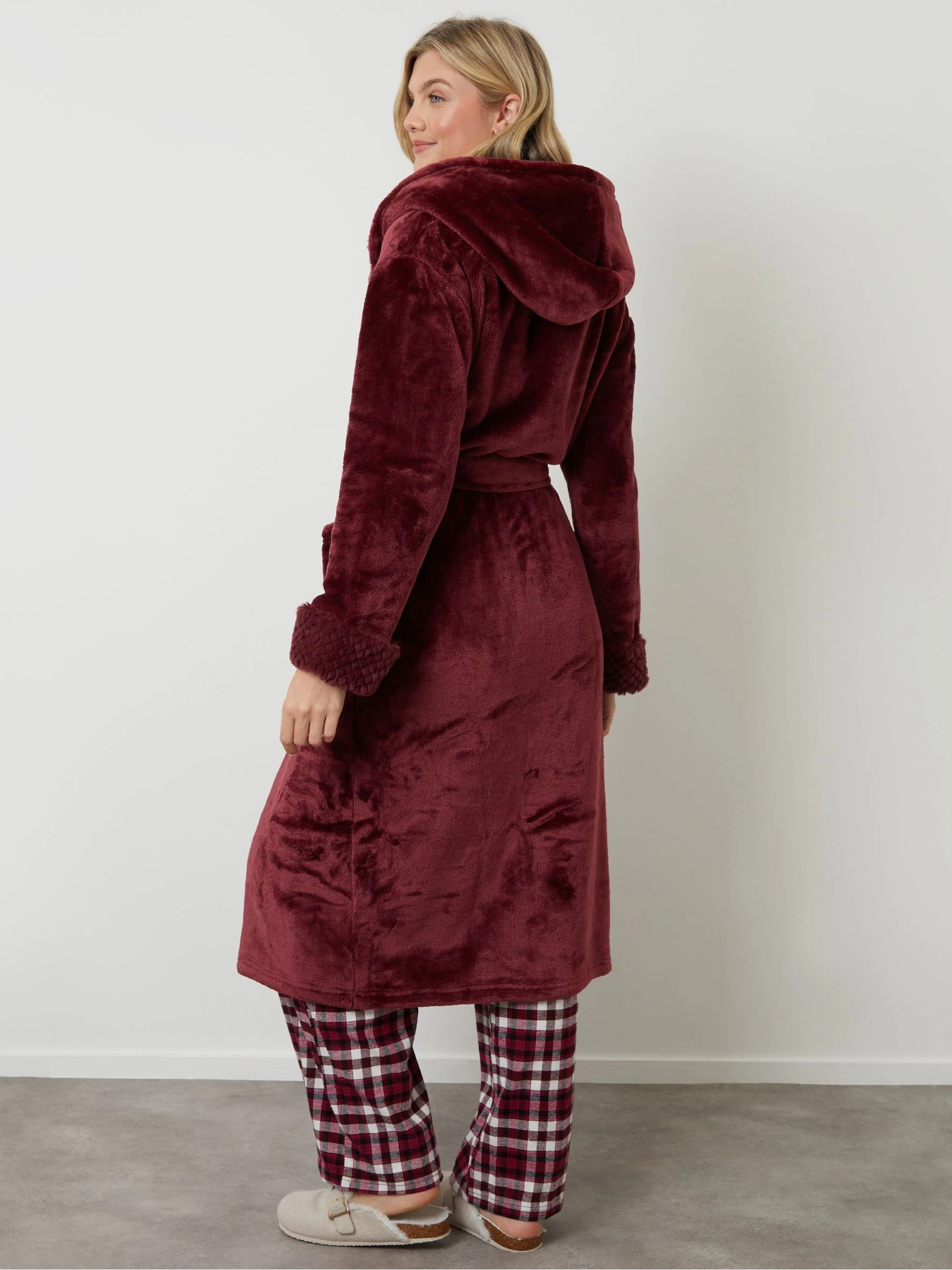 Rood - Threadbare Cosy Faux Fur Trim Dressing Gown