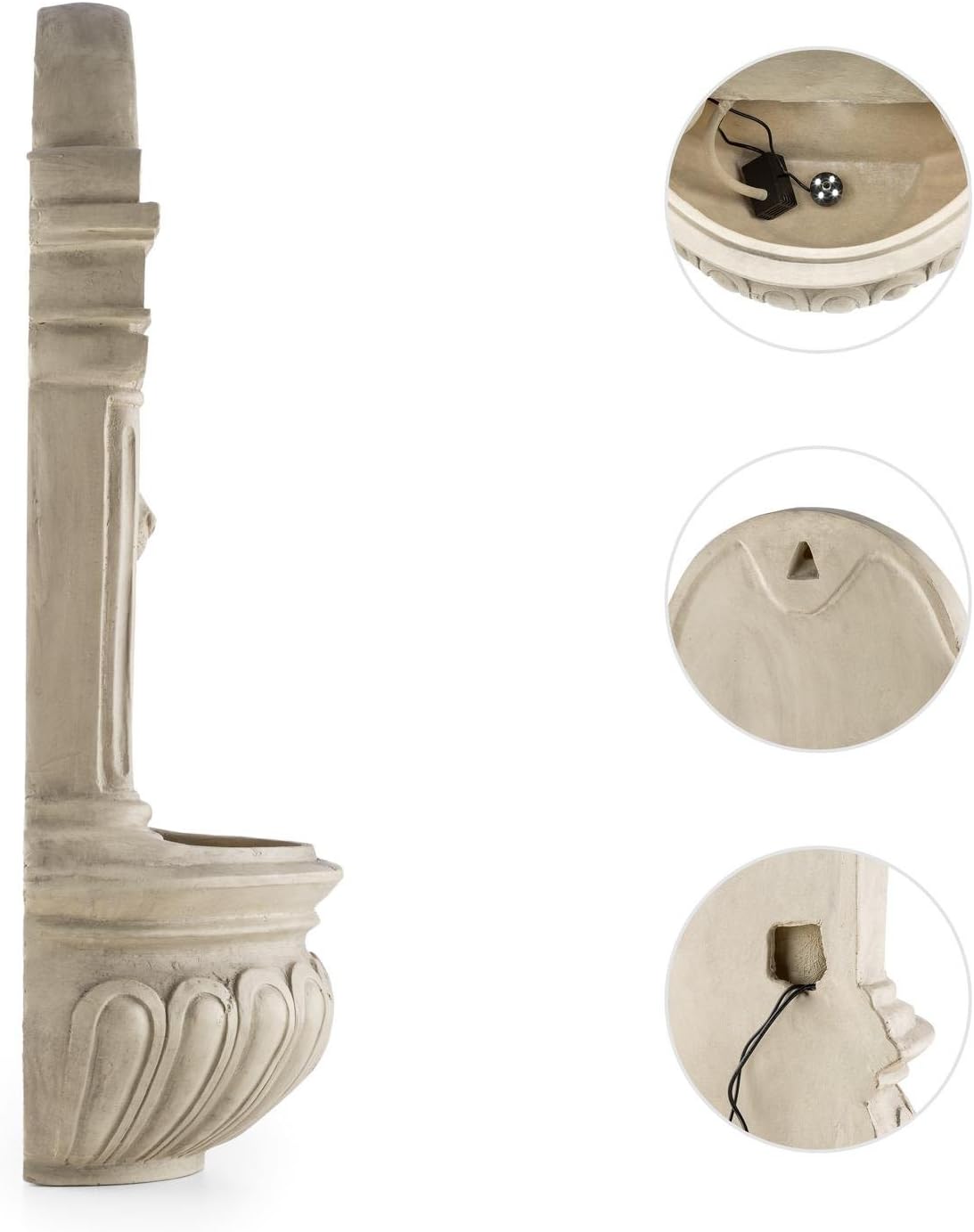 blumfeldt Löwenstein Gartenbrunnen mit LED-Beleuchtung - Löwenkopf Edition, Wandbrunnen antik, Zierbrunnen, Outdoor, Solarpanel, Akku: 2000 mAh, Dämmerungssensor, Naturstein-Optik, grau