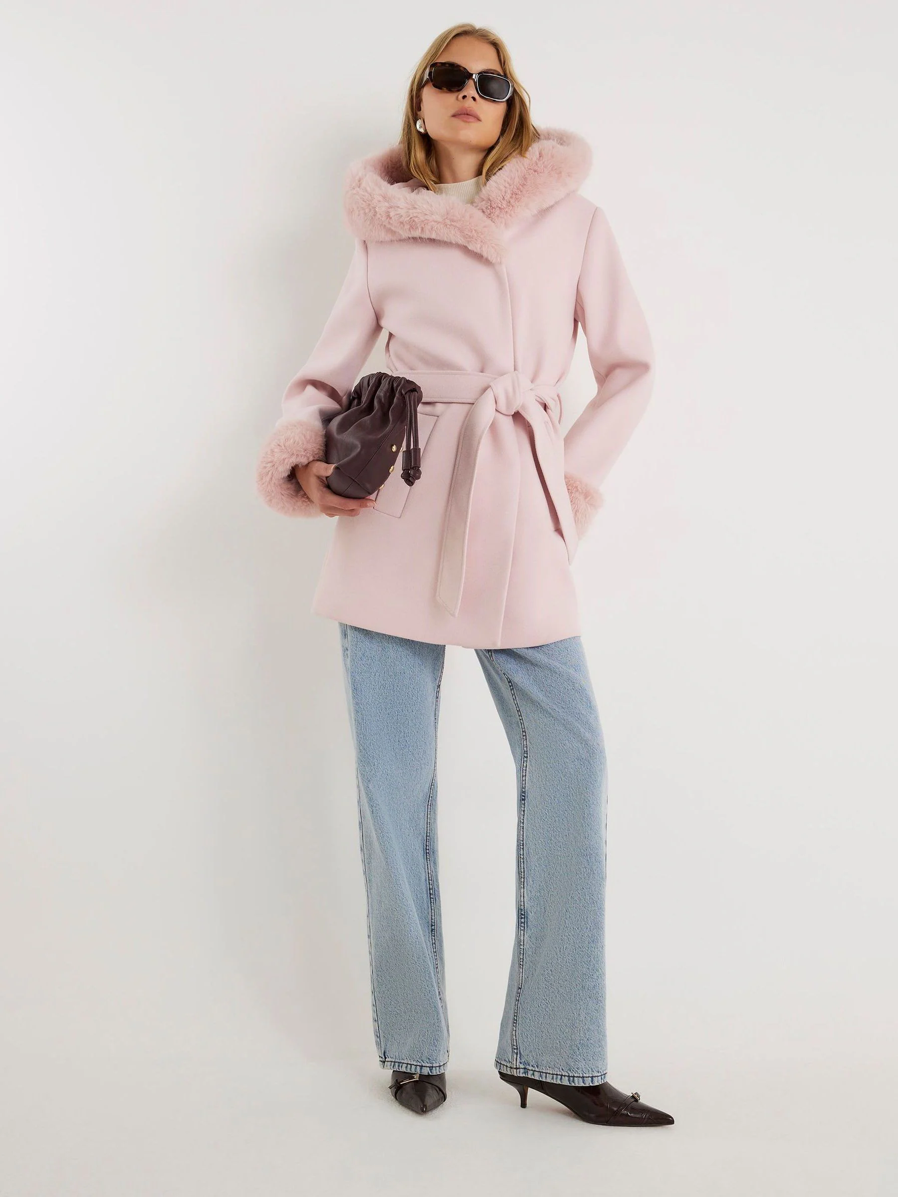 Roze - River Island Fur Trim Hooded Belted Coat