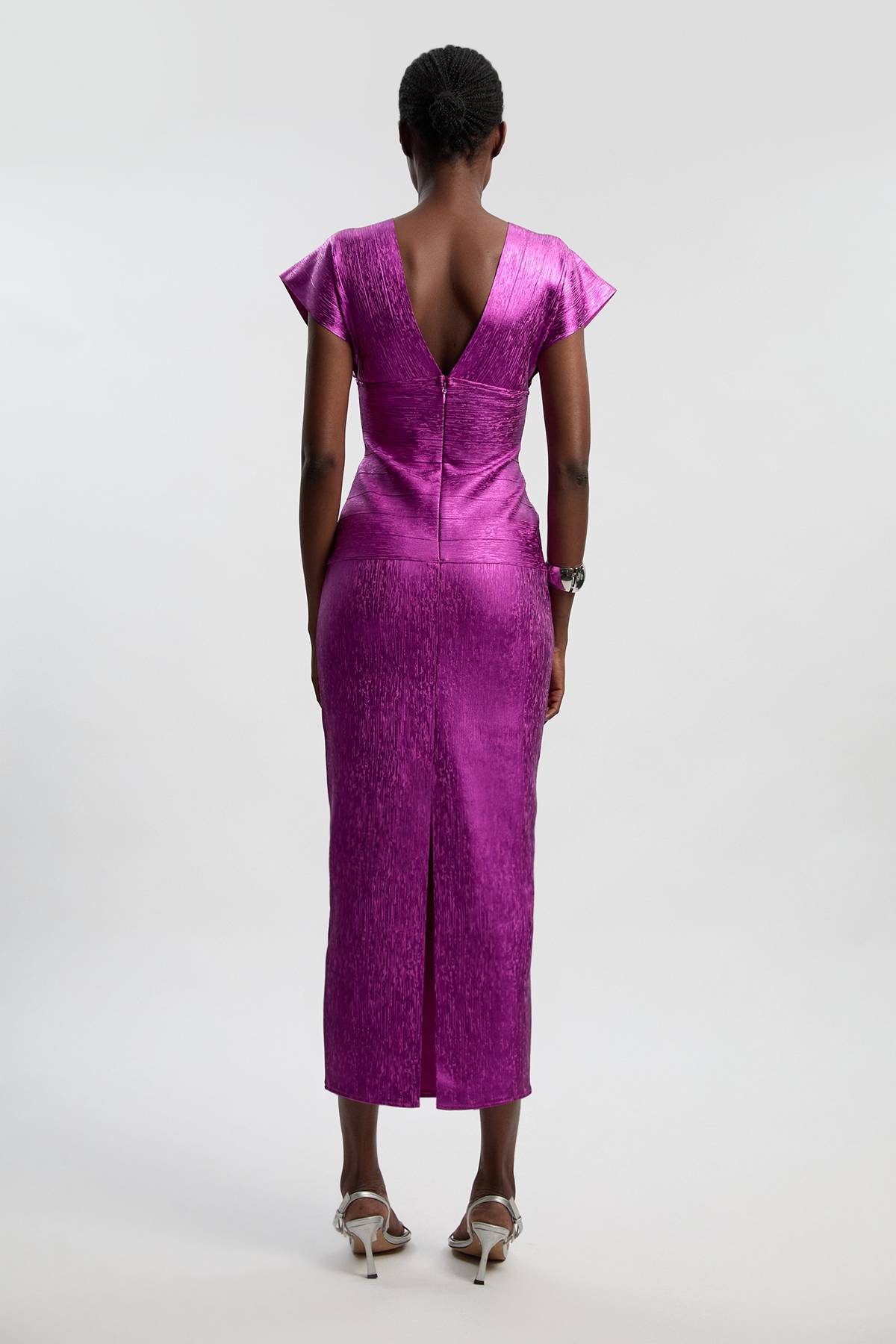 KarenMillen Robe Longue Moulante en Maille à Manches Ange et Finition Métallisée