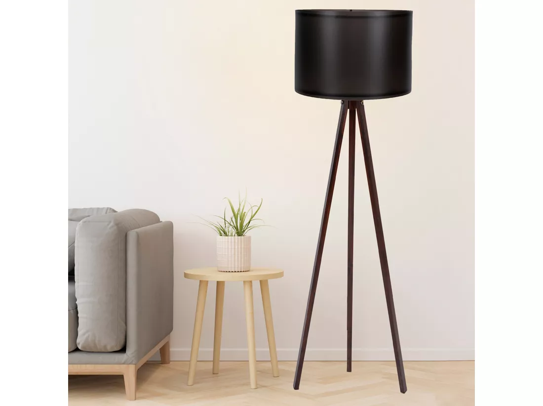 Lampadaire Noir/Noyer 145cm - Abat-jour 25cm - Type E27 Max 60W