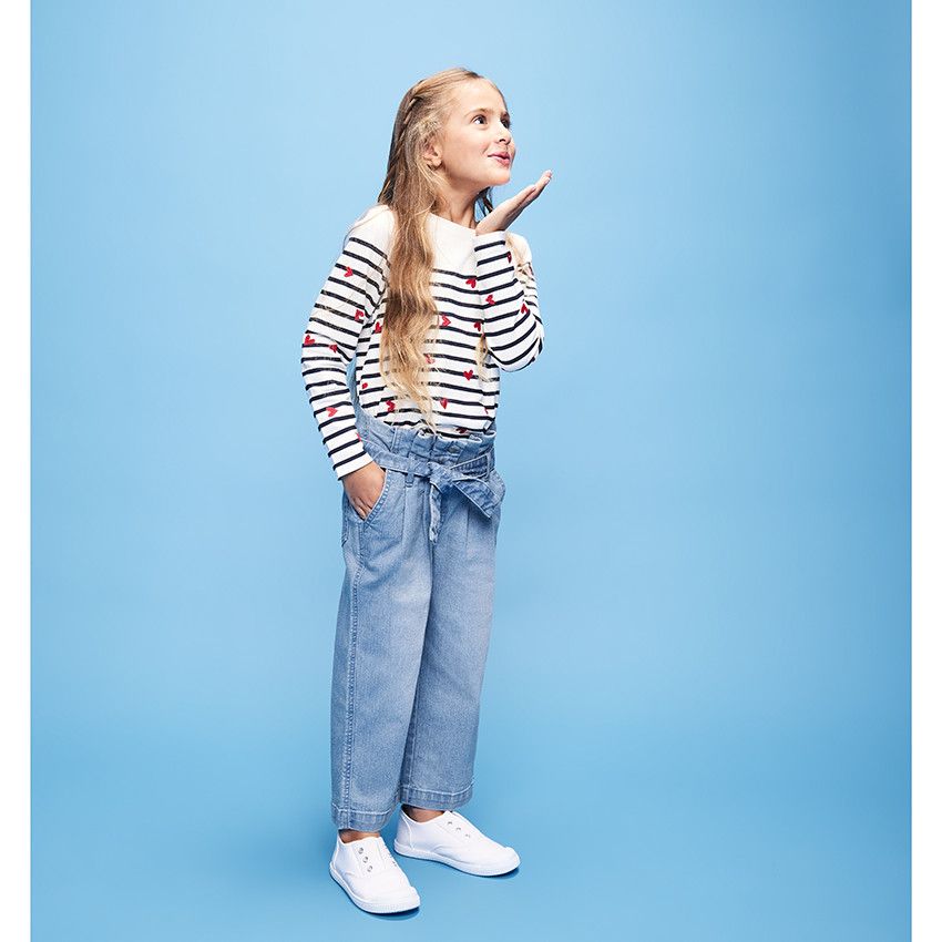 Jean coupe paperbag en denim avec ceinture pour fille - Bleu moyen