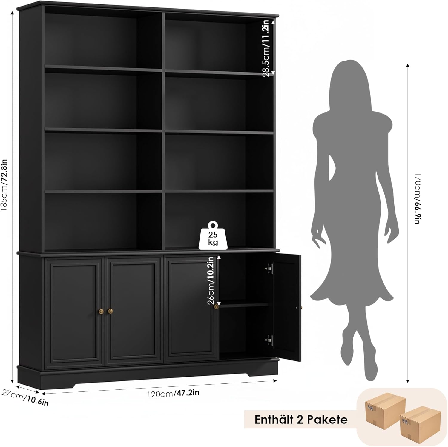 FirFurd 185cm Bücherregal mit Türen Bücherschrank mit 12 Fächern Vitrinenschrank aus Holz Hochschrank Regal mit Türen für Wohnzimmer Arbeitszimmer Büro Küche 185 x 27 x 120cm Schwarz