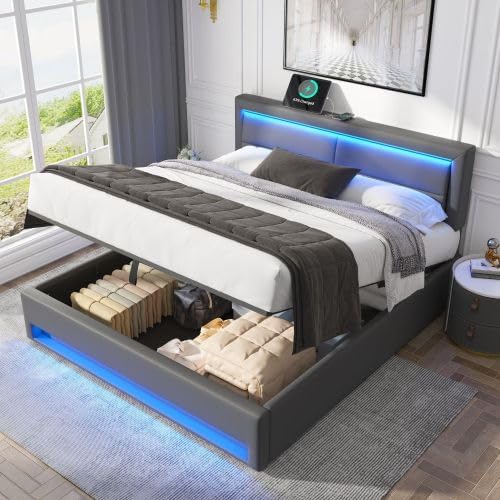 Merax Polsterbett 140 x 200 cm mit USB-Anschluss, LED-Beleuchtung und Stauraum – PU-Litschi-Muster, Grau, ohne Matratze