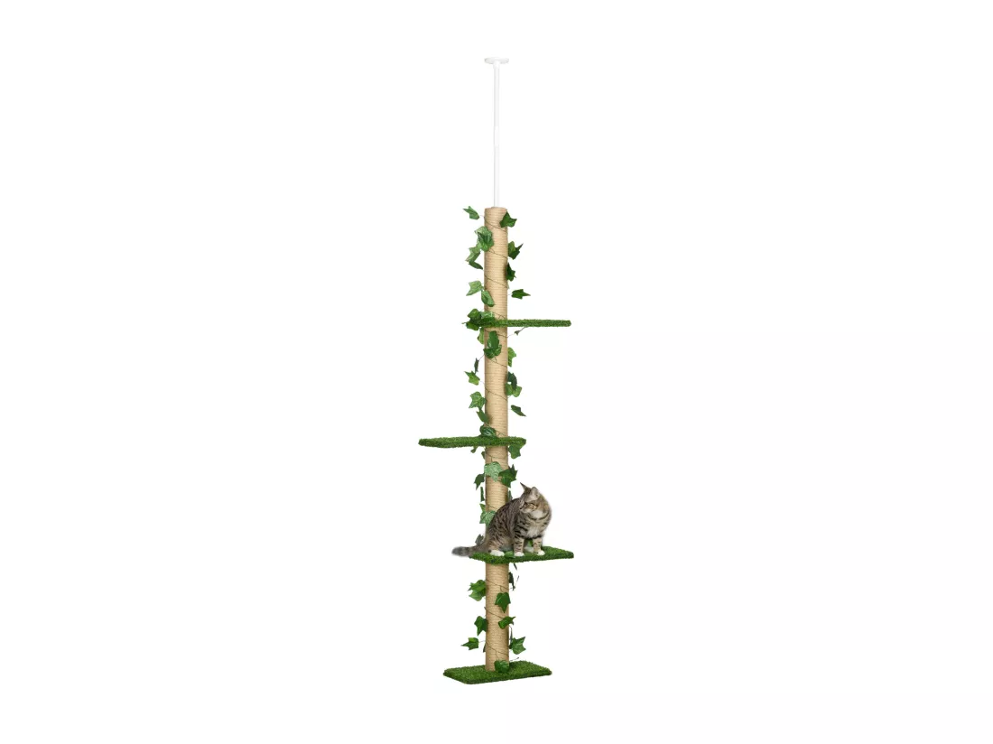 Arbre à chat poteau à griffer design hauteur réglable dim. 37L x 21l x 202- 242H cm 4 niveaux beige vert