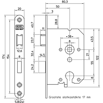 NEMEF 1200 serie insteekcilinderslot binnendeur met wit gelakte voorplaat Doorn 50mm PC 55mm