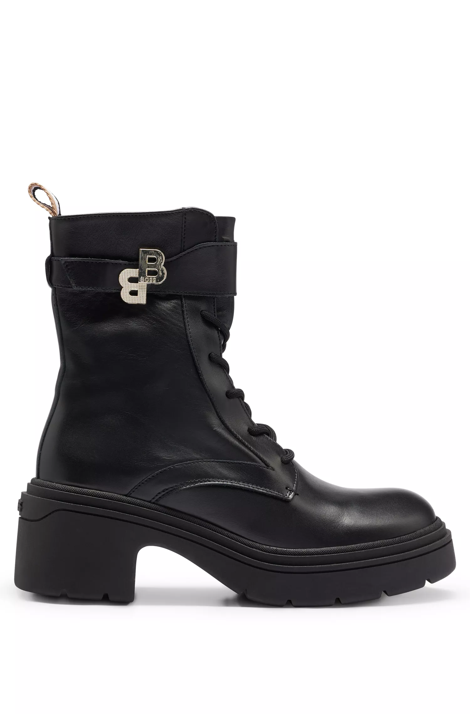 Botas BOSS em couro preto com detalhe de monograma duplo