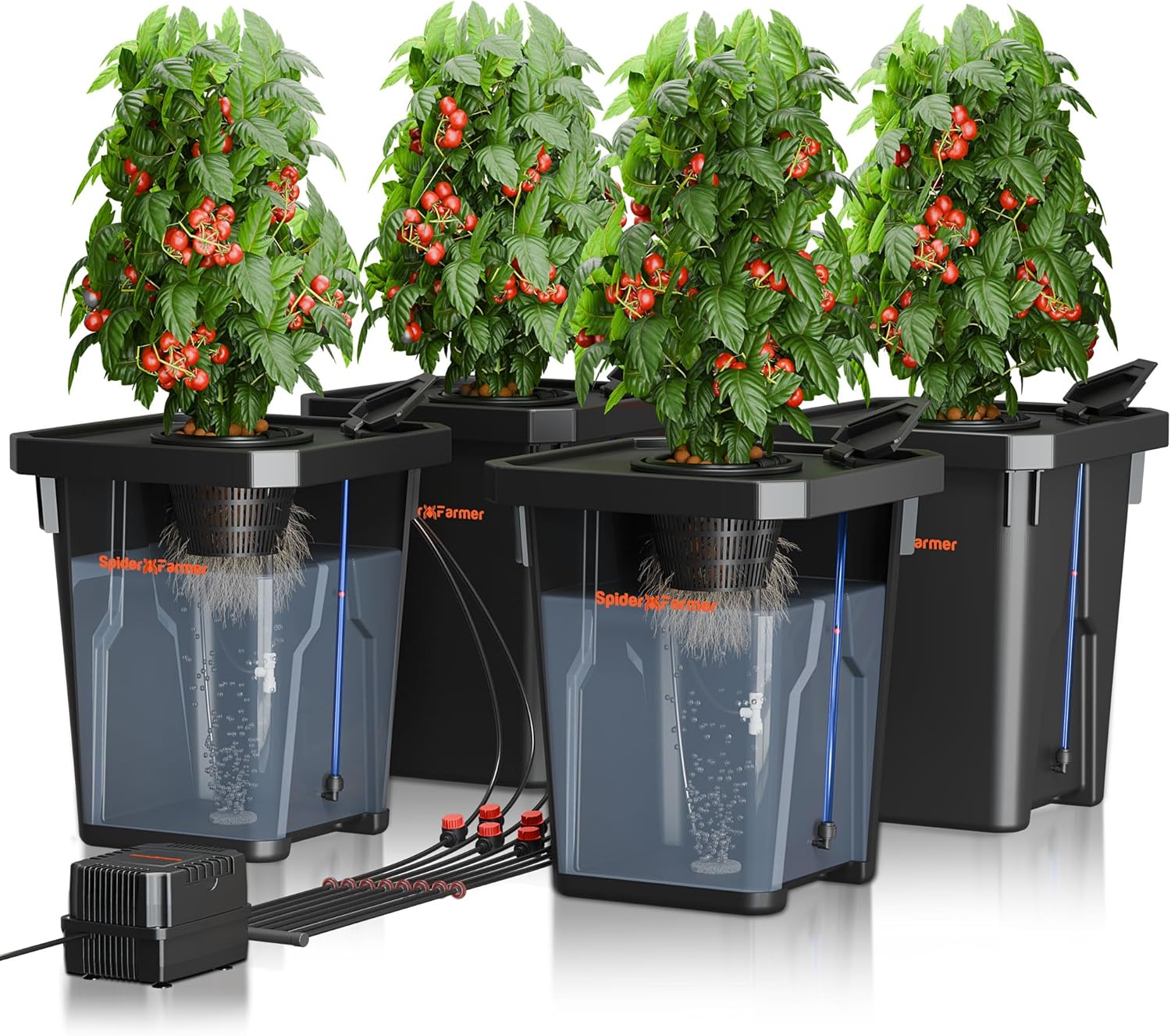 Spider Farmer DWC Hydrokultur Anbausystem mit 27 Liter/7 Gallonen Tiefwasserkultur, Neues Dreieckige Abdeckung Design, Umwälzendes Drip Garden System mit Topf-Tropfkit, 12W Luftpumpe, 4 Eimer