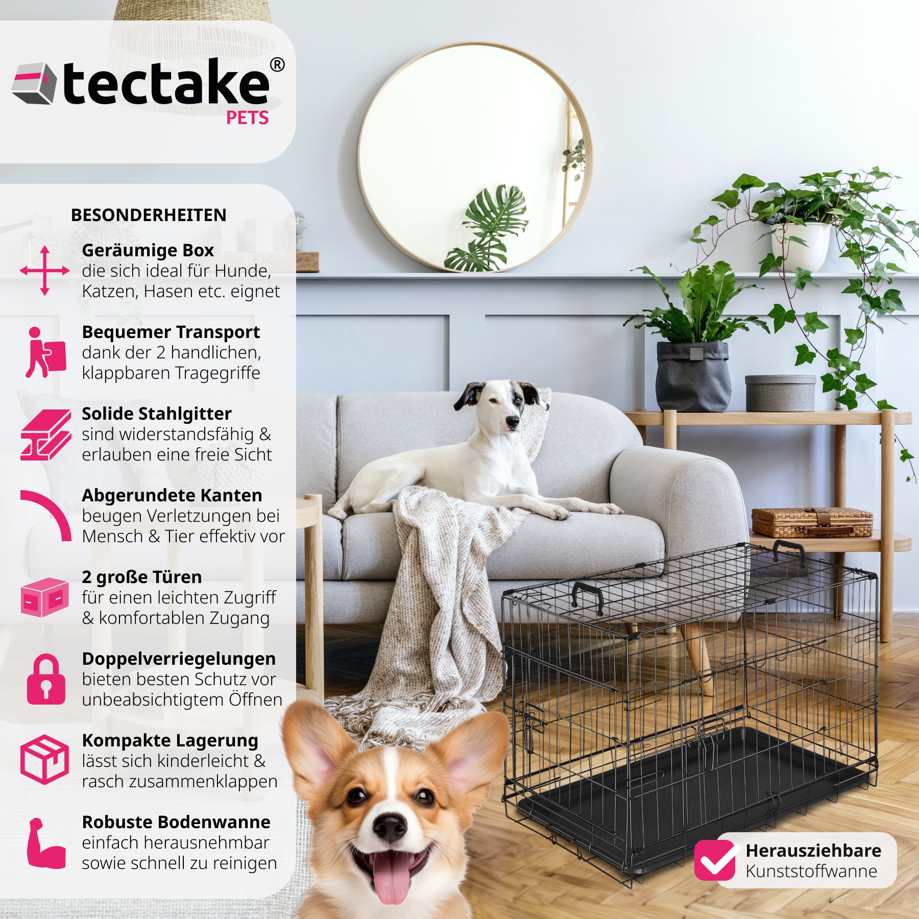 tectake® Hundekäfig-Gitterbox, klappbar, mit 2 Tragegriffen, 2 große Türen mit Doppelverriegelung, herausnehmbarer Boden, abgerundete Ecken