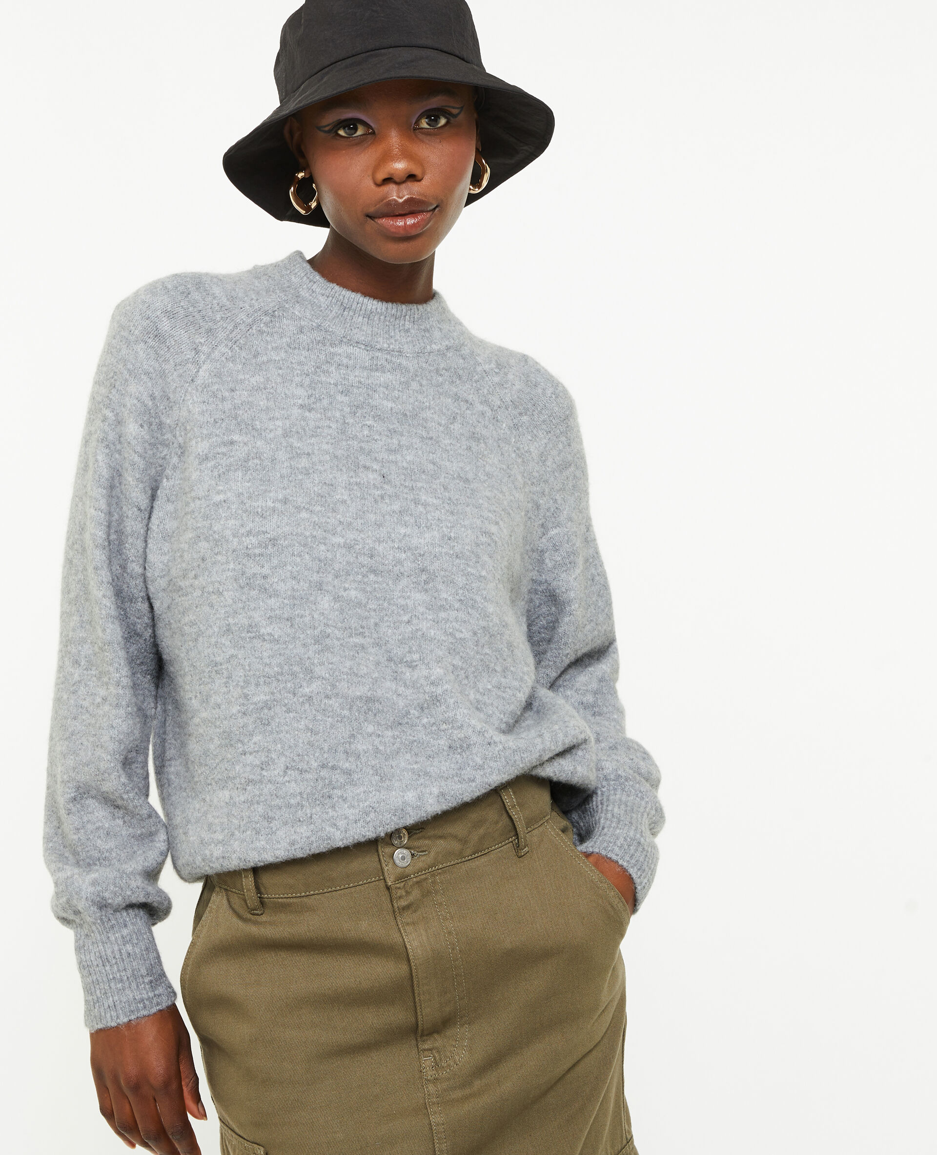 Pull col rond avec laine - Gris foncé