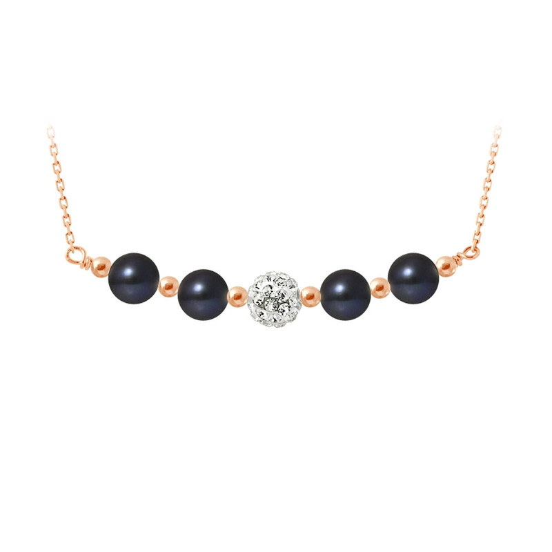 Collier Perles de culture Noires, cristal et Argent 925 plaqué or rose
