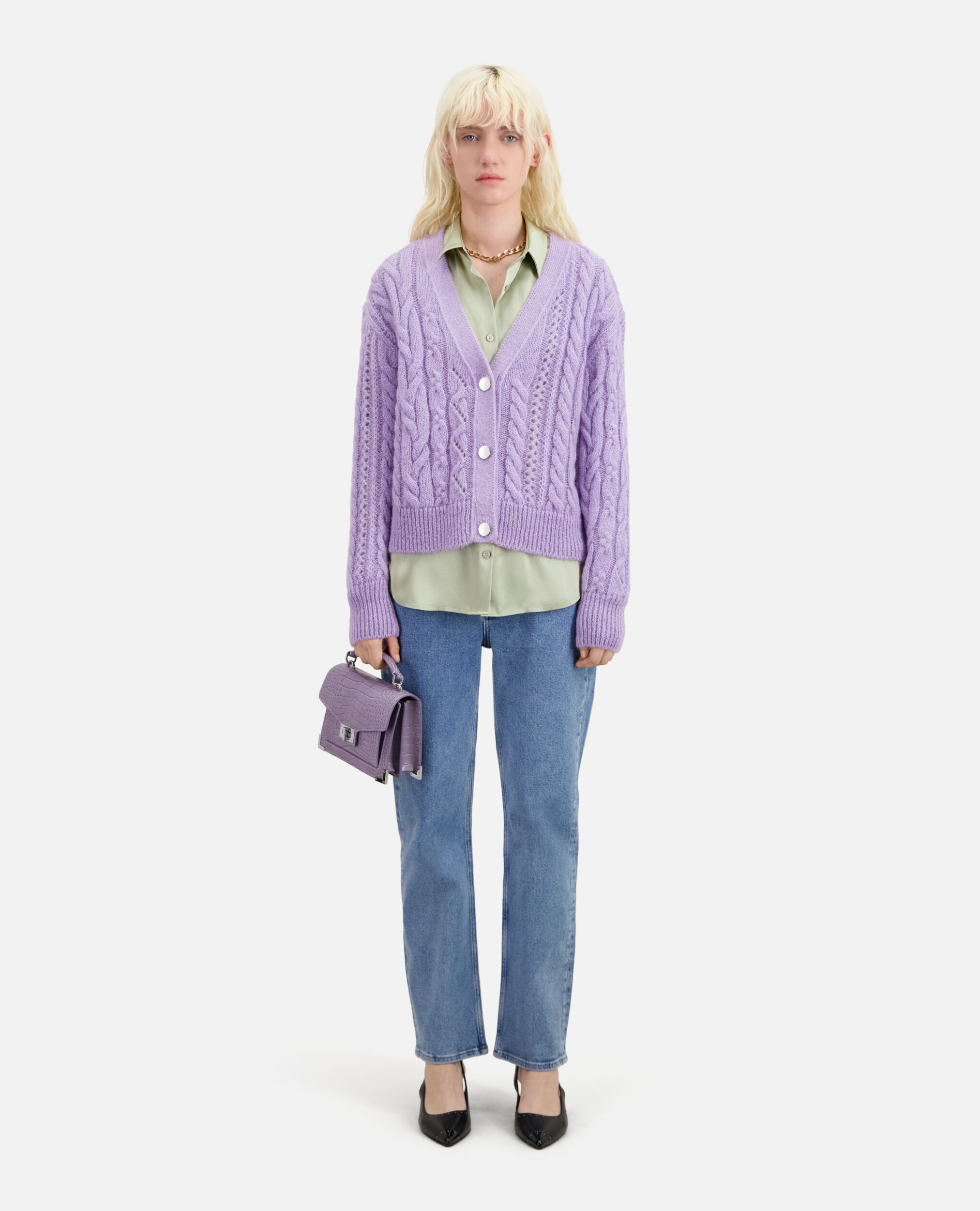 Mauve cable-knit wool-blend cardigan