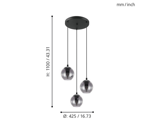 Hanglamp, 3-lichts, HxØ 110x42,5 cm, zwart/transparant glas, dampafzetting