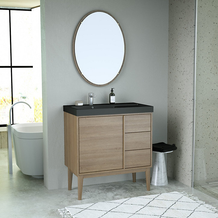 Ensemble meuble sous vasque placage bois Kabayan + plan vasque résine noir Mila l.80 cm