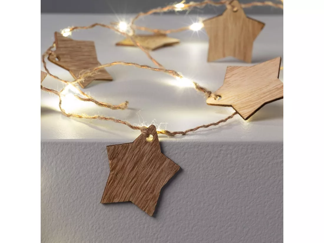 Guirlande Lumineuse LED Étoiles Bois avec Piles 2.2m Blanc Chaud 3000K