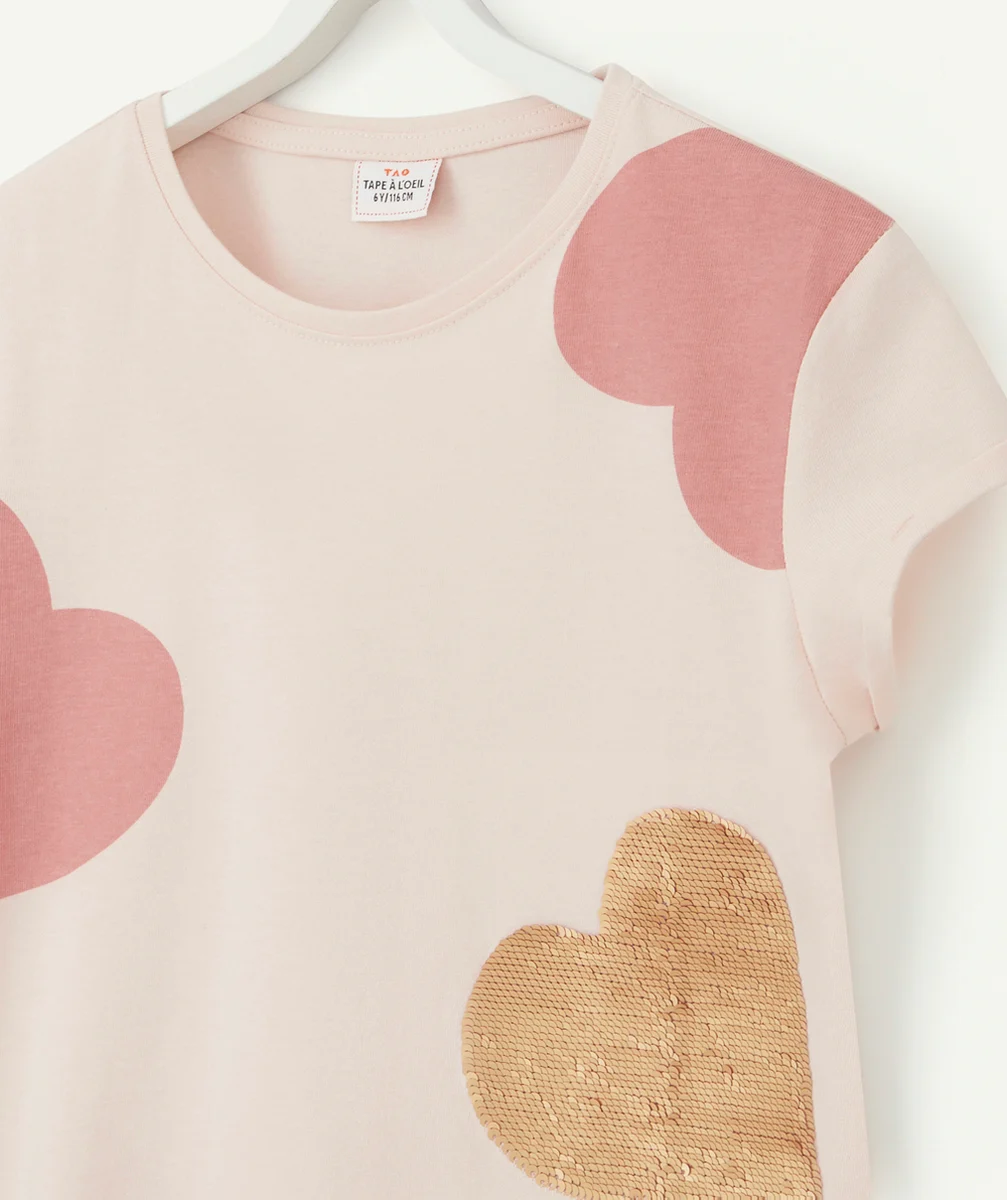 T-SHIRT FILLE EN COTON BIO ROSE AVEC COEUR À SEQUINS