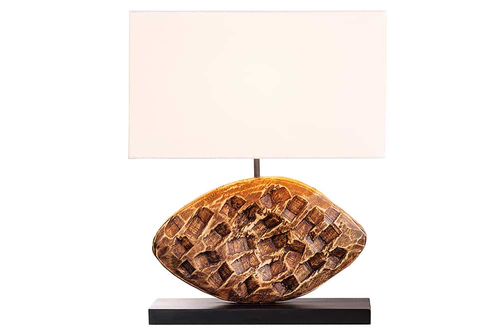 Design Tischlampe REEF 50cm Regenbaum Massivholz handmade Baumwollschirm weiß