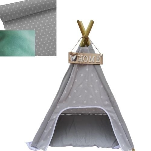 Cama tipi em forma de estrela personalizável para cães com almofada verde.