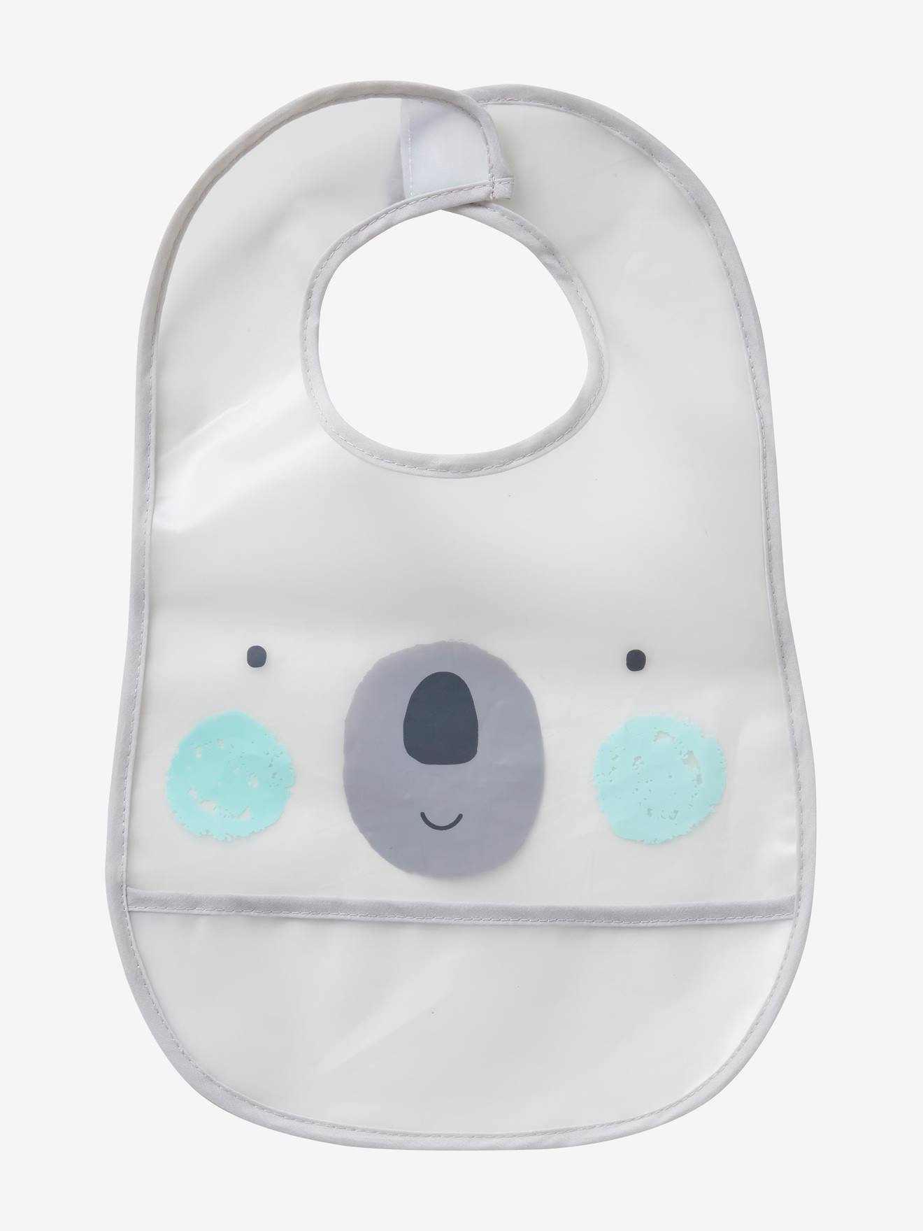 Conjunto de 3 babadores plastificados em material absorvente branco claro e estampas.