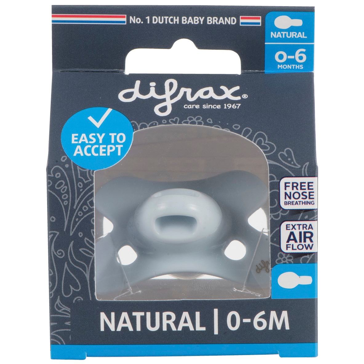 Difrax fopspeen Natural Pure 0-6 maanden blauw