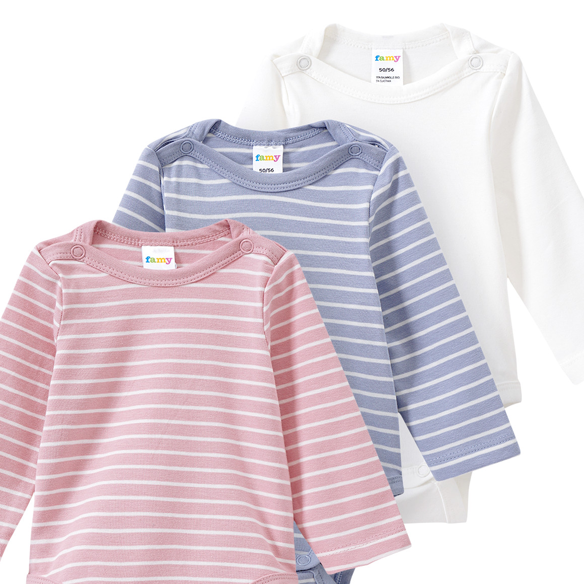 Famy 3 Baby Bodys in verschiedenen Dessins hellblau / rosa / weiss