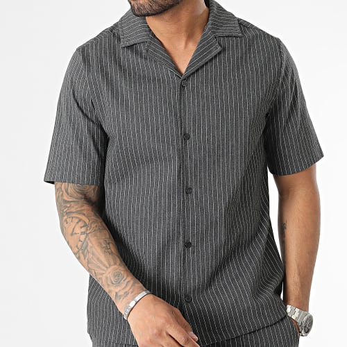 Ensemble Chemise Manches Courtes et Short Chino A Rayures Gris Anthracite