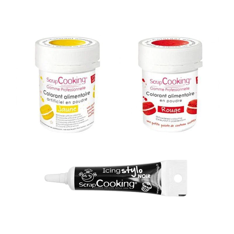 2 colorants alimentaires rouge-jaune + Stylo glaçage noir Scrapcooking
