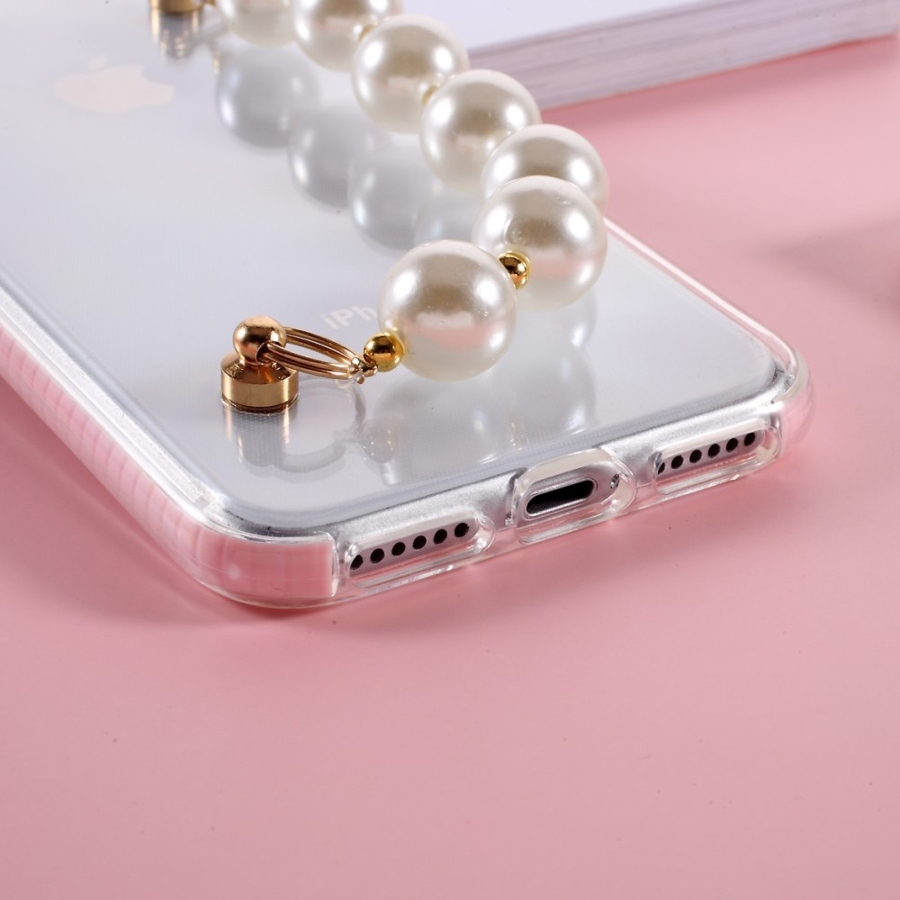 iPhone SE (2022/2020) / 8 / 7 Hybrid Bumper Gummi Hülle mit Perlenkette Handschlaufe - Transparent / Rosa