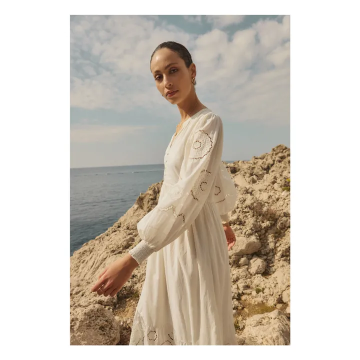 Alma Deia Robe Brodé Manches Longues en Coton Bio | Blanc cassé