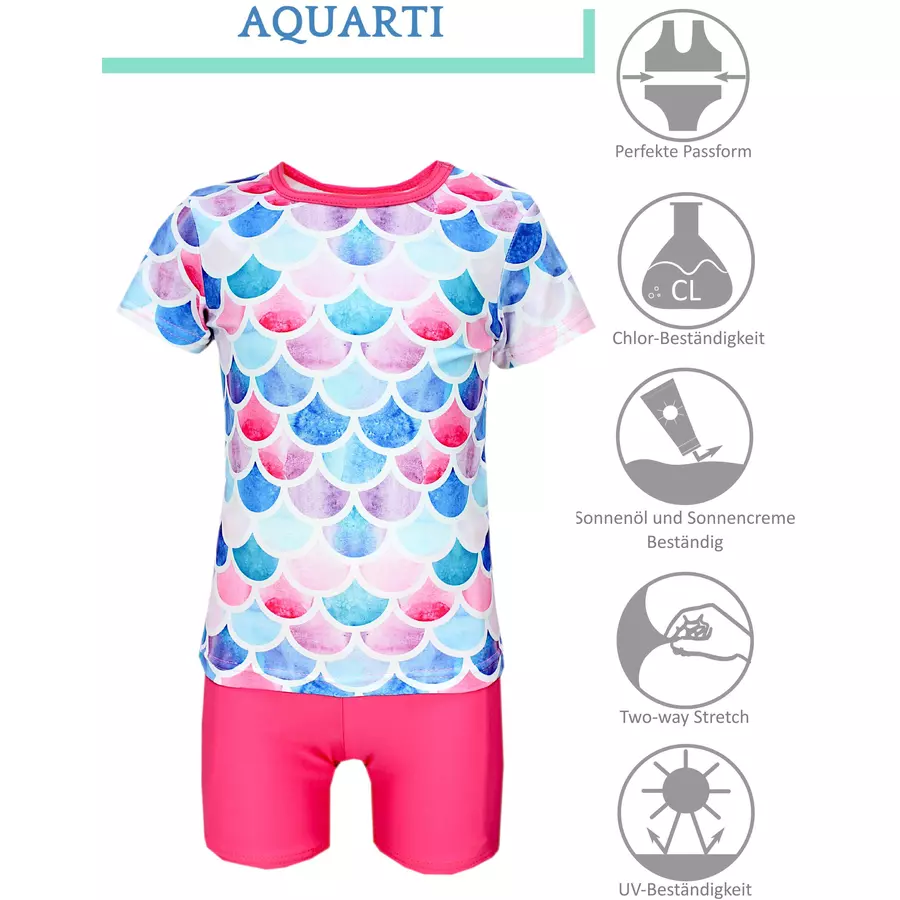 Aquarti Baby Mädchen Zweiteiler Badeanzug Bade-Set Bade T-Shirt Badehose dunkelrosa