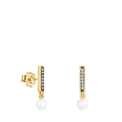 Brincos Nocturne com banho de ouro 18k sobre prata, diamantes e pérola.