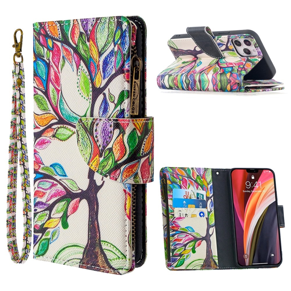 iPhone 12 / iPhone 12 Pro Leder Wallet Etui Tasche mit 9 Kartenfächern   Münzfach - Blühender Baum