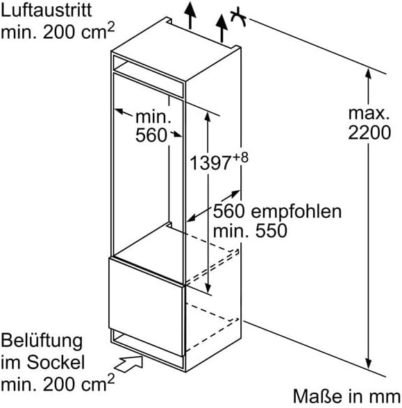 Bosch KIF51AFE0 Serie 8 Einbau-Kühlschrank, 140 x 56 cm Nische, 222 L, Flachscharnier, VitaFresh pro 3x längere Frische, LED-Beleuchtung gleichmäßige Ausleuchtung,Ohne Gefrierfach
