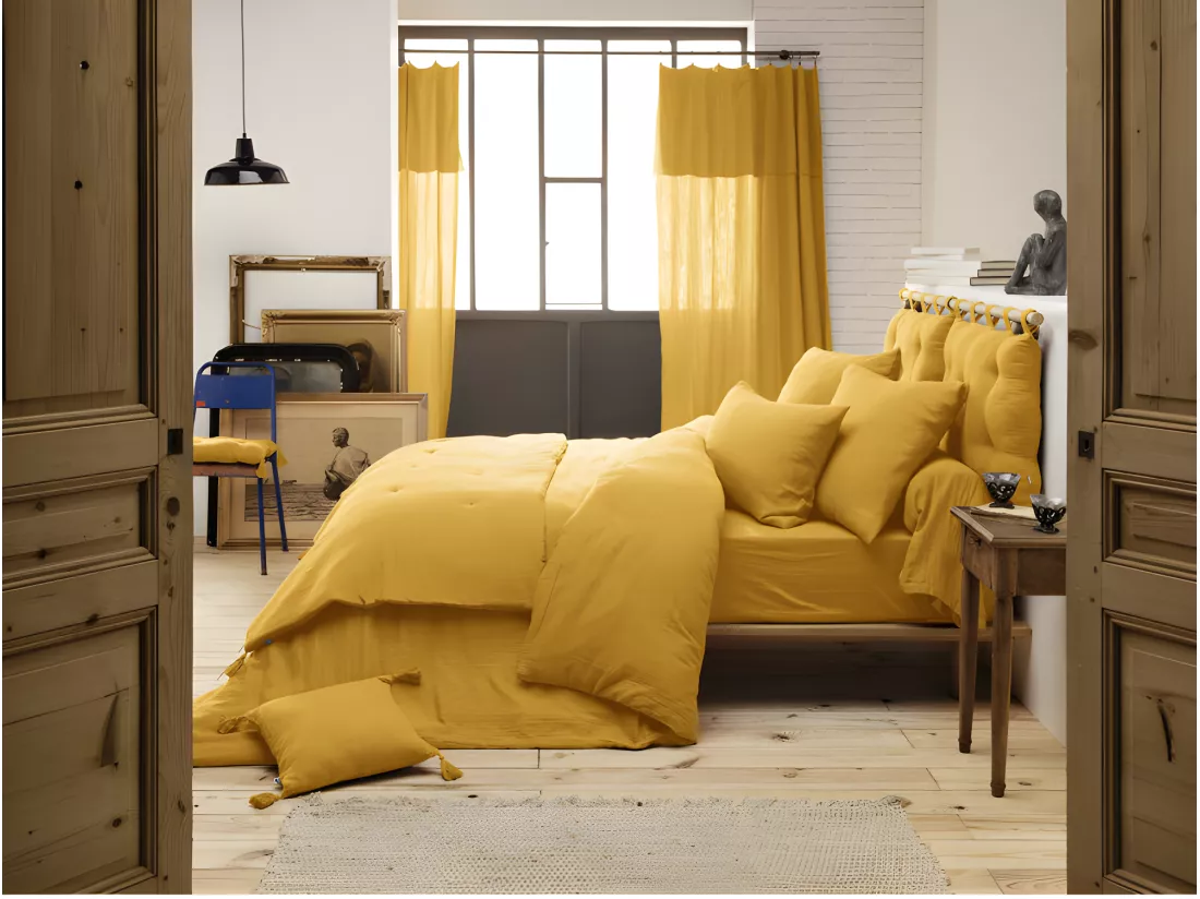 Parure de draps Gaze de Coton - Gaïa Safran - 5 pièces 1 Drap plat 240 x 300 + 1 Drap housse 160 x 200 + 2 Taies 60 x 60 + 1 Taie de Traversin