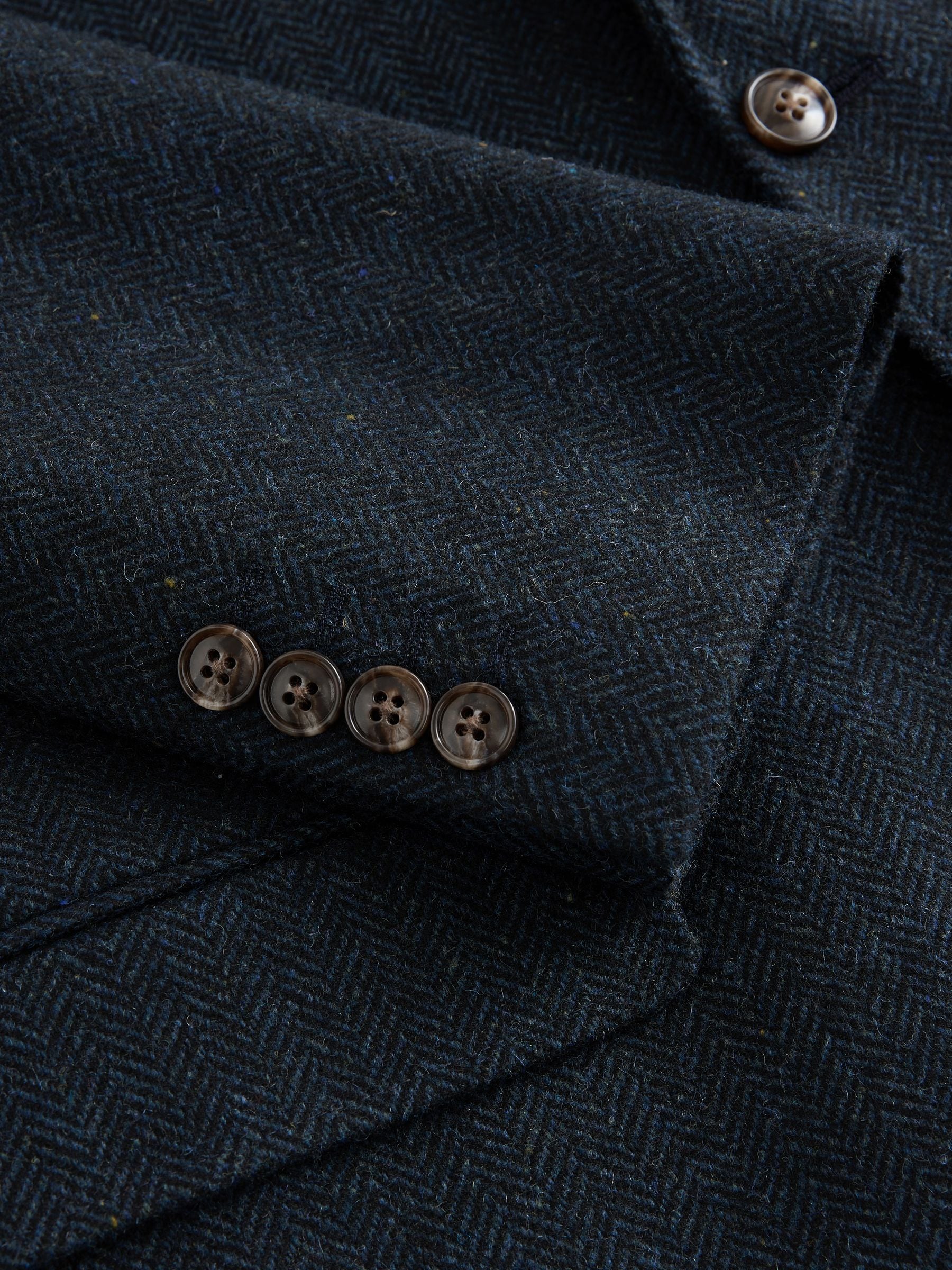 Donkerblauw - Slim Fit Herringbone Wool Blend Suit Jacket