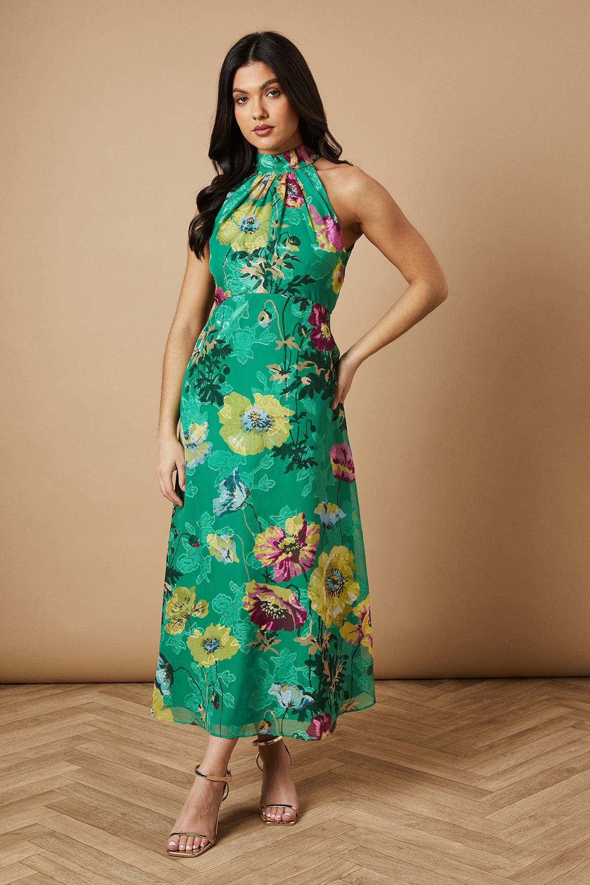 Oasis Robe Mi-Longue à Col Licou en Satin Dévoré Floral