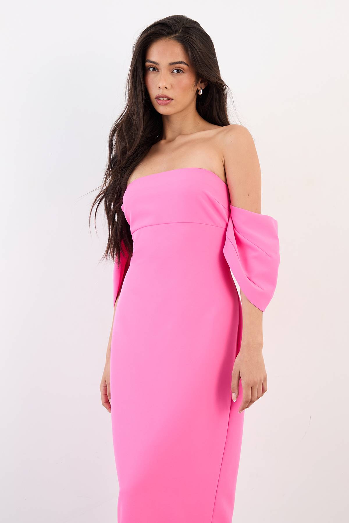 Warehouse Robe Midi Colonne Bardot en Crêpe Stretch