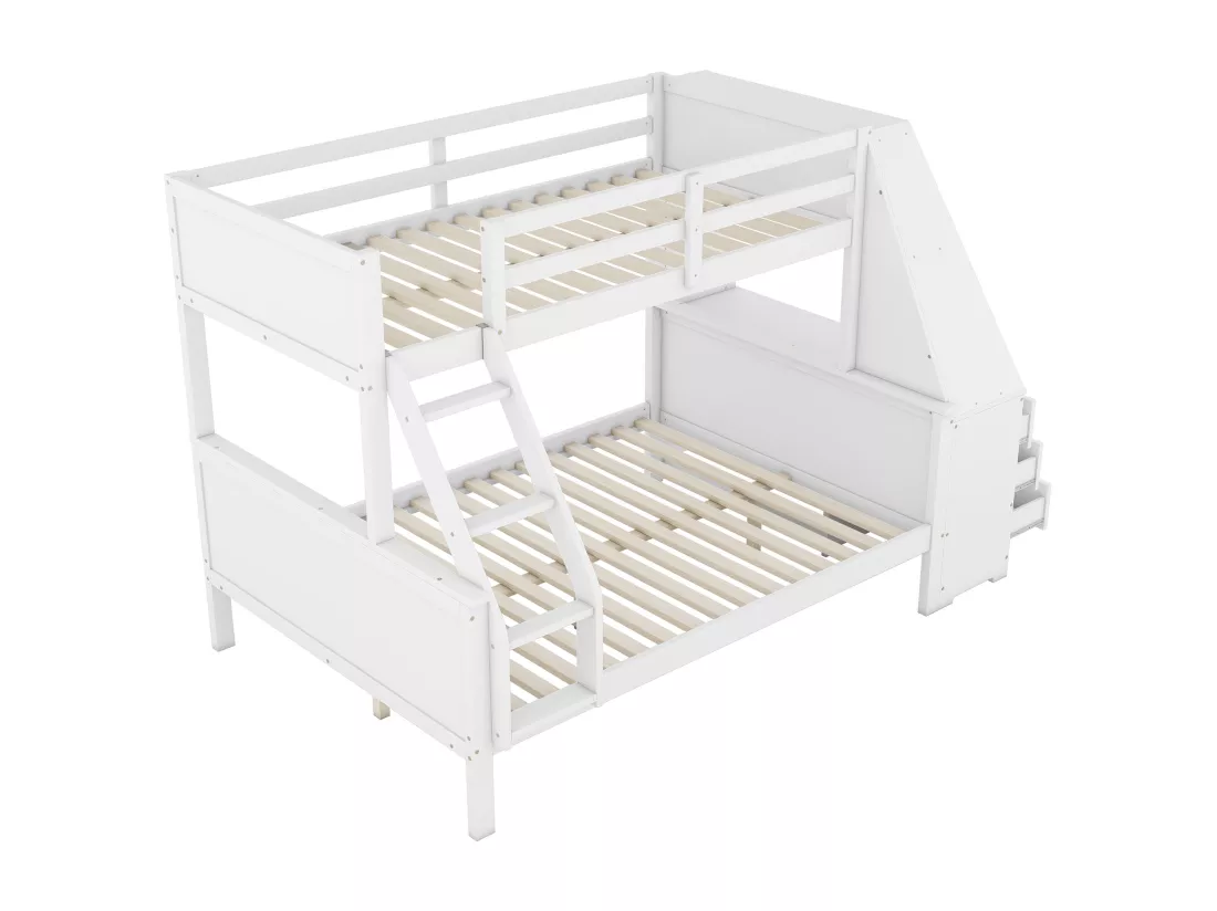 Lits superposés 90 x 200 cm + 140 x 200 cm - bureau + 3 tiroirs + étagère - bois MDF - blanc