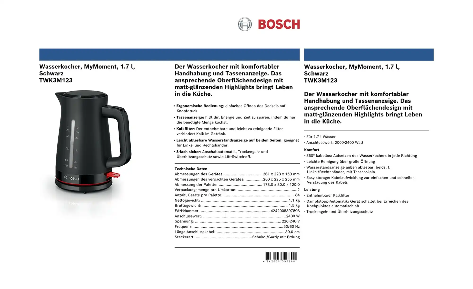 BOSCH Wasserkocher TWK3M123