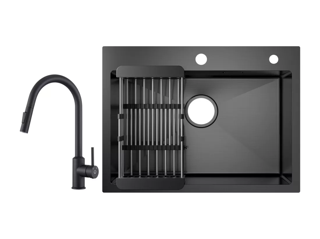 Cecipa max Évier 1 Bac Inox avec Panier de Drainage - Évier de Cuisine Noir 60×45×18 cm + Mitigeur avec Douchette Extractible Rotatif à 360 ° Noir